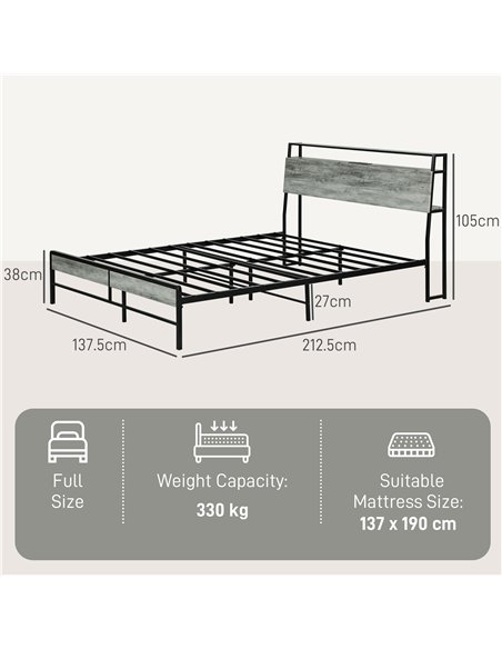 HOMCOM Double Steel Bed Frame, with LED Lights and Headboard Shelf - Grey