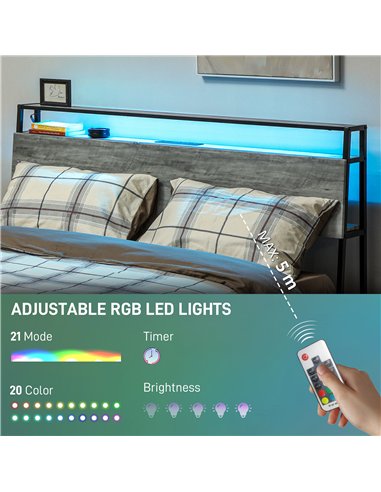 HOMCOM Double Steel Bed Frame, with LED Lights and Headboard Shelf - Grey