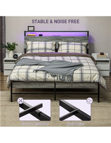 HOMCOM Double Steel Bed Frame, with LED Lights and Headboard Shelf - Grey
