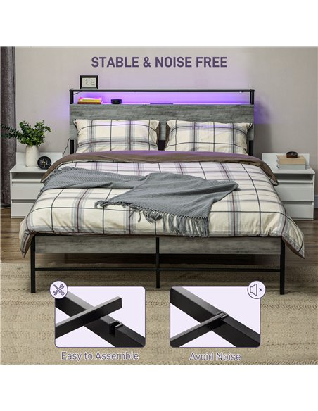 HOMCOM Double Steel Bed Frame, with LED Lights and Headboard Shelf - Grey