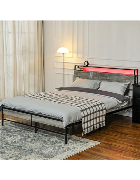 HOMCOM Double Steel Bed Frame, with LED Lights and Headboard Shelf - Grey