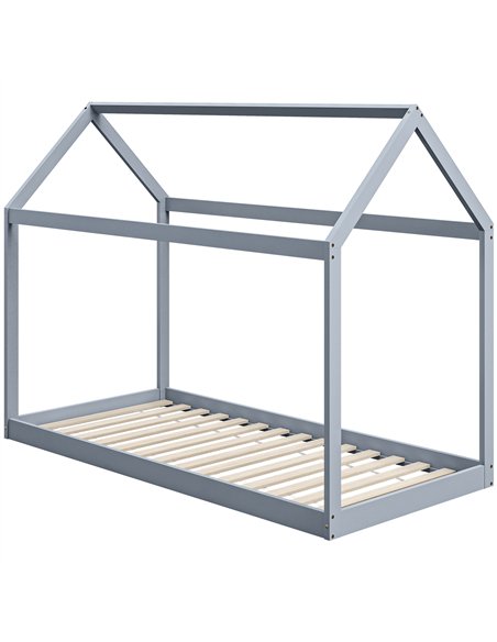 HOMCOM Single Bed Frame, House Scandinavian Style Wooden Bed Frame for 90W x 190Dcm Mattress, Pine Wood Bed Base, Grey