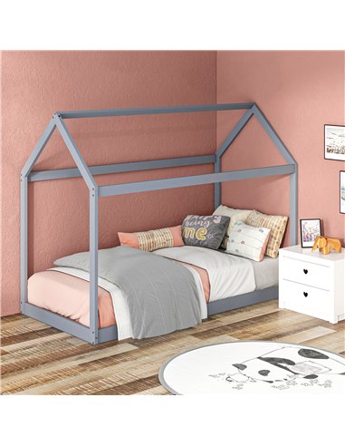HOMCOM Single Bed Frame, House Scandinavian Style Wooden Bed Frame for 90W x 190Dcm Mattress, Pine Wood Bed Base, Grey