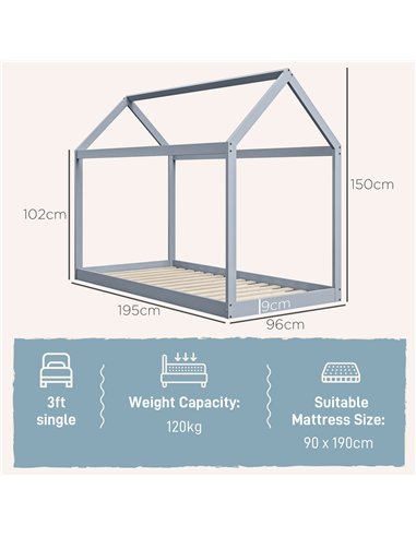 HOMCOM Single Bed Frame, House Scandinavian Style Wooden Bed Frame for 90W x 190Dcm Mattress, Pine Wood Bed Base, Grey