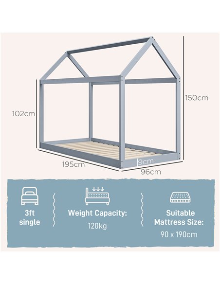 HOMCOM Single Bed Frame, House Scandinavian Style Wooden Bed Frame for 90W x 190Dcm Mattress, Pine Wood Bed Base, Grey