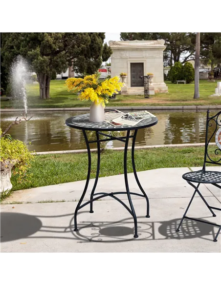 Outsunny Round Mosaic Tabletop Garden Table - Grey/Black