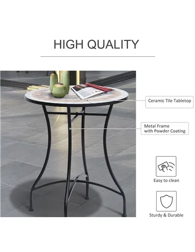 Outsunny 60 cm Mosaic Garden Table, Small Round Outdoor Side Table with Ceramic Top, Plant Stand for Patio, Balcony, Orange and 