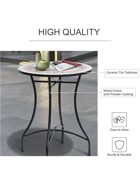 Outsunny 60 cm Mosaic Garden Table, Small Round Outdoor Side Table with Ceramic Top, Plant Stand for Patio, Balcony, Orange and 