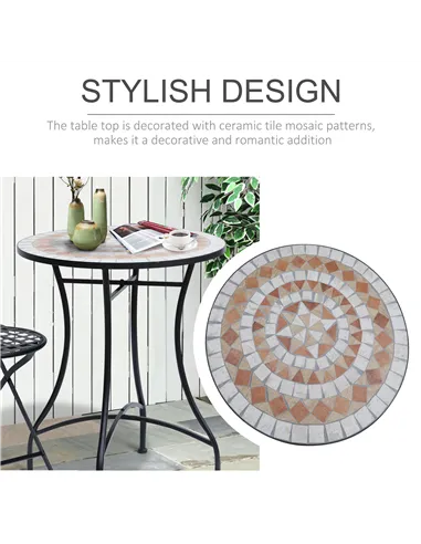 Outsunny 60 cm Mosaic Garden Table, Small Round Outdoor Side Table with Ceramic Top, Plant Stand for Patio, Balcony, Orange and 