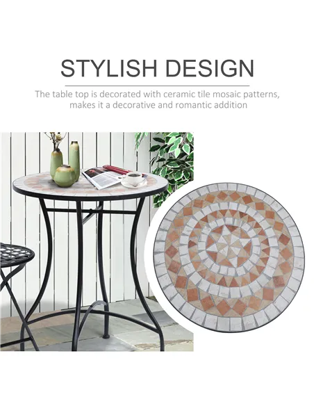 Outsunny 60 cm Mosaic Garden Table, Small Round Outdoor Side Table with Ceramic Top, Plant Stand for Patio, Balcony, Orange and 