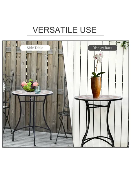 Outsunny 60 cm Mosaic Garden Table, Small Round Outdoor Side Table with Ceramic Top, Plant Stand for Patio, Balcony, Orange and 