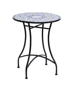 Outsunny Outdoor Mosaic Round Garden Table, Patio Bistro Coffee Side Table with 60cm Ceramic Top for Garden, Blue and White