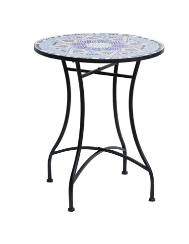 Outsunny Outdoor Mosaic Round Garden Table, Patio Bistro Coffee Side Table with 60cm Ceramic Top for Garden, Blue and White