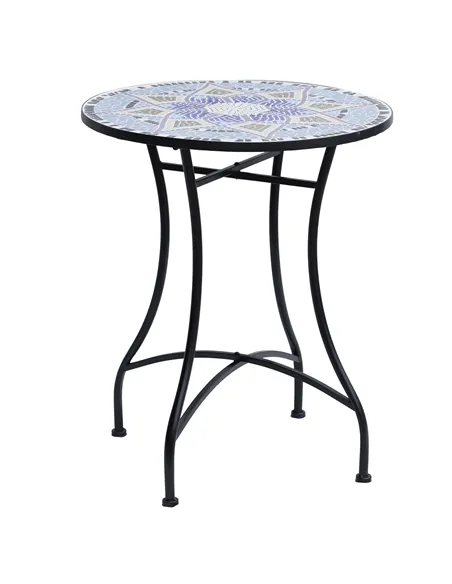 Outsunny Outdoor Mosaic Round Garden Table, Patio Bistro Coffee Side Table with 60cm Ceramic Top for Garden, Blue and White