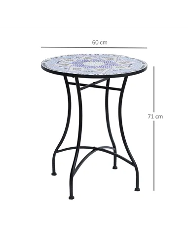Outsunny Outdoor Mosaic Round Garden Table, Patio Bistro Coffee Side Table with 60cm Ceramic Top for Garden, Blue and White