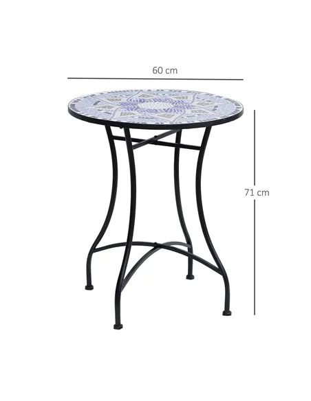 Outsunny Outdoor Mosaic Round Garden Table, Patio Bistro Coffee Side Table with 60cm Ceramic Top for Garden, Blue and White