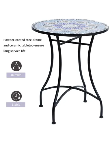 Outsunny Outdoor Mosaic Round Garden Table, Patio Bistro Coffee Side Table with 60cm Ceramic Top for Garden, Blue and White
