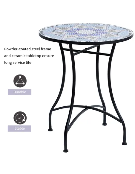 Outsunny Outdoor Mosaic Round Garden Table, Patio Bistro Coffee Side Table with 60cm Ceramic Top for Garden, Blue and White