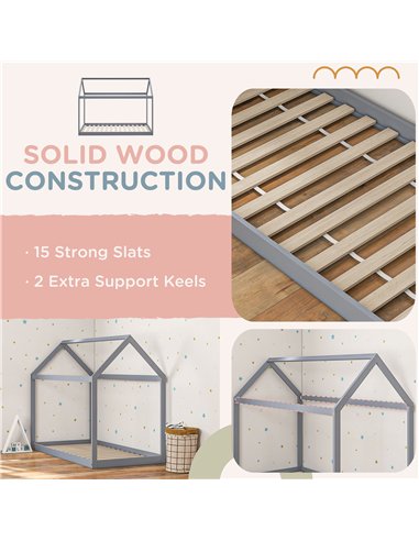 HOMCOM Single Bed Frame, House Scandinavian Style Wooden Bed Frame for 90W x 190Dcm Mattress, Pine Wood Bed Base, Grey