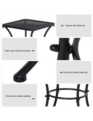 Outsunny Square Garden Metal Bistro Table Outdoor Patio Coffee Side Desk - Black 45L X 45W X 50H CM