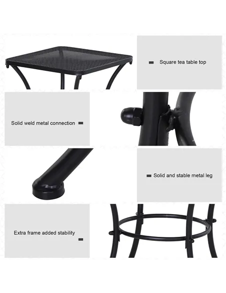 Outsunny Square Garden Metal Bistro Table Outdoor Patio Coffee Side Desk - Black 45L X 45W X 50H CM