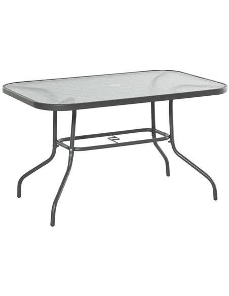 Outsunny Garden Dining Table Glass Top Metal Frame with Parasol Hole Outdoor Balcony Grey 120L x 80Wcm