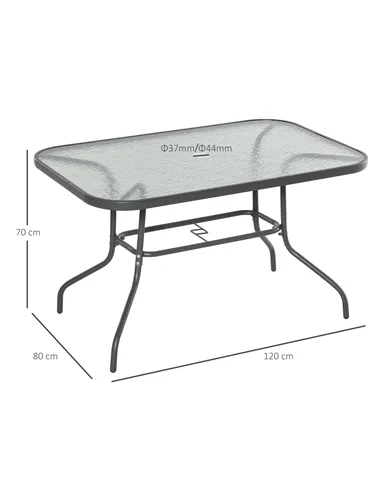 Outsunny Garden Dining Table Glass Top Metal Frame with Parasol Hole Outdoor Balcony Grey 120L x 80Wcm
