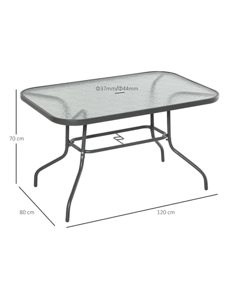 Outsunny Garden Dining Table Glass Top Metal Frame with Parasol Hole Outdoor Balcony Grey 120L x 80Wcm