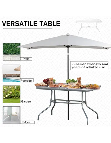 Outsunny Garden Dining Table Glass Top Metal Frame with Parasol Hole Outdoor Balcony Grey 120L x 80Wcm