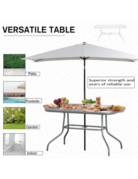 Outsunny Garden Dining Table Glass Top Metal Frame with Parasol Hole Outdoor Balcony Grey 120L x 80Wcm