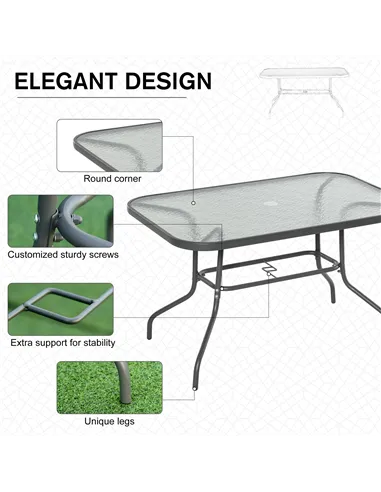 Outsunny Garden Dining Table Glass Top Metal Frame with Parasol Hole Outdoor Balcony Grey 120L x 80Wcm