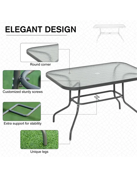 Outsunny Garden Dining Table Glass Top Metal Frame with Parasol Hole Outdoor Balcony Grey 120L x 80Wcm