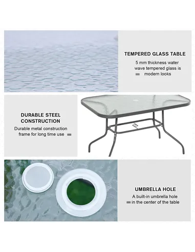 Outsunny Garden Dining Table Glass Top Metal Frame with Parasol Hole Outdoor Balcony Grey 120L x 80Wcm