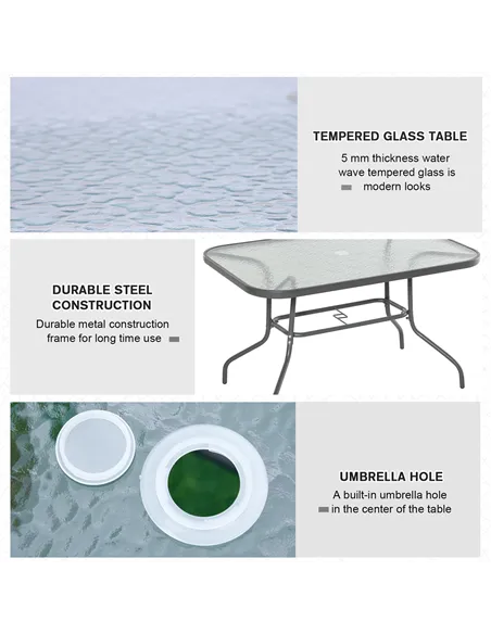 Outsunny Garden Dining Table Glass Top Metal Frame with Parasol Hole Outdoor Balcony Grey 120L x 80Wcm
