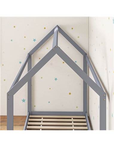 HOMCOM Single Bed Frame, House Scandinavian Style Wooden Bed Frame for 90W x 190Dcm Mattress, Pine Wood Bed Base, Grey