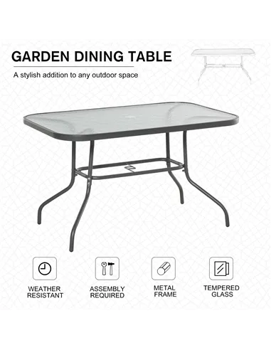 Outsunny Garden Dining Table Glass Top Metal Frame with Parasol Hole Outdoor Balcony Grey 120L x 80Wcm