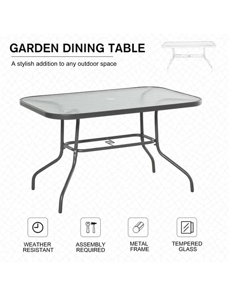 Outsunny Garden Dining Table Glass Top Metal Frame with Parasol Hole Outdoor Balcony Grey 120L x 80Wcm