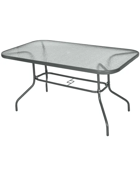 Outsunny Garden Dining Table Glass Top Metal Frame with Parasol Hole Outdoor Balcony Grey 140L x 80Wcm