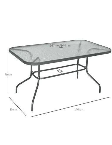 Outsunny Garden Dining Table Glass Top Metal Frame with Parasol Hole Outdoor Balcony Grey 140L x 80Wcm