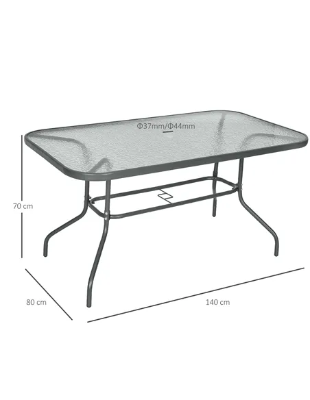 Outsunny Garden Dining Table Glass Top Metal Frame with Parasol Hole Outdoor Balcony Grey 140L x 80Wcm
