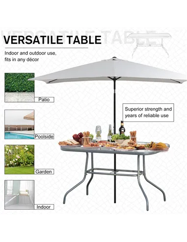 Outsunny Garden Dining Table Glass Top Metal Frame with Parasol Hole Outdoor Balcony Grey 140L x 80Wcm