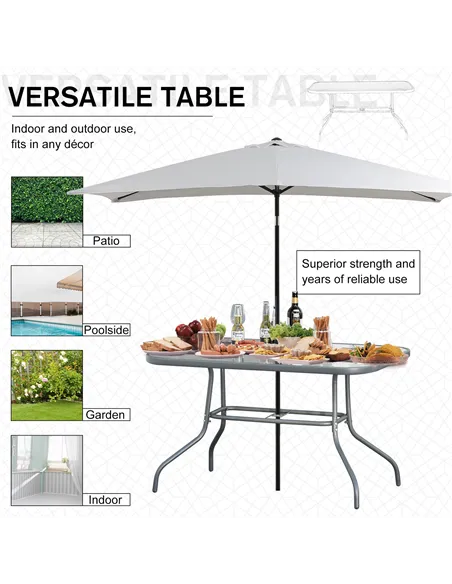 Outsunny Garden Dining Table Glass Top Metal Frame with Parasol Hole Outdoor Balcony Grey 140L x 80Wcm