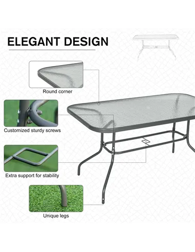 Outsunny Garden Dining Table Glass Top Metal Frame with Parasol Hole Outdoor Balcony Grey 140L x 80Wcm