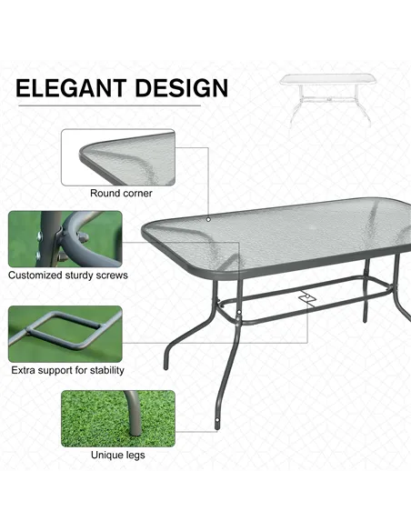Outsunny Garden Dining Table Glass Top Metal Frame with Parasol Hole Outdoor Balcony Grey 140L x 80Wcm