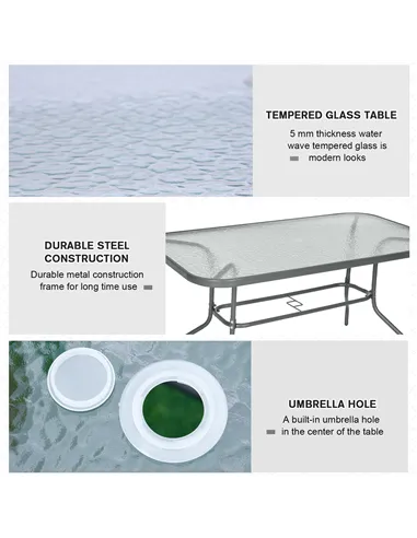 Outsunny Garden Dining Table Glass Top Metal Frame with Parasol Hole Outdoor Balcony Grey 140L x 80Wcm