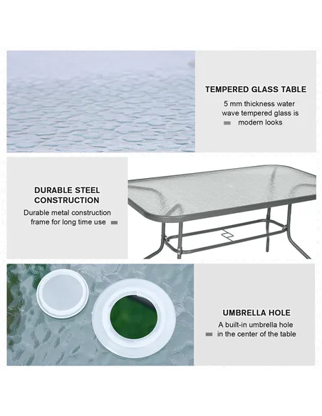 Outsunny Garden Dining Table Glass Top Metal Frame with Parasol Hole Outdoor Balcony Grey 140L x 80Wcm