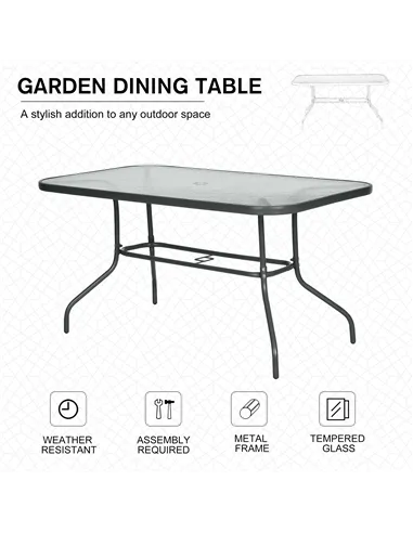 Outsunny Garden Dining Table Glass Top Metal Frame with Parasol Hole Outdoor Balcony Grey 140L x 80Wcm