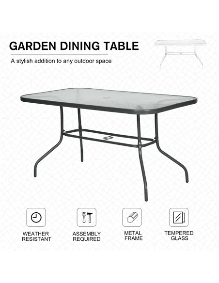Outsunny Garden Dining Table Glass Top Metal Frame with Parasol Hole Outdoor Balcony Grey 140L x 80Wcm