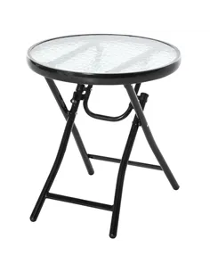 Outsunny Foldable Garden Table, Round Folding Table with Glass Tabletop and Safety Buckle for Patio, Garden, Outdoor, Indoor, Bl