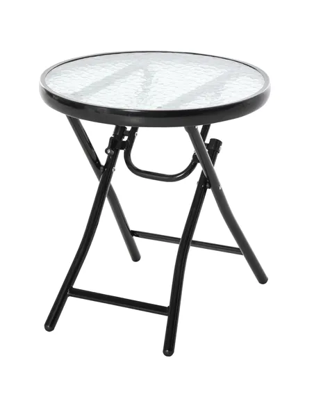 Outsunny Foldable Garden Table, Round Folding Table with Glass Tabletop and Safety Buckle for Patio, Garden, Outdoor, Indoor, Bl